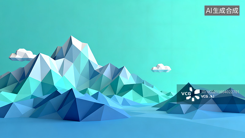 【AI数字艺术】蓝绿色调低多边形山脉景观图片素材