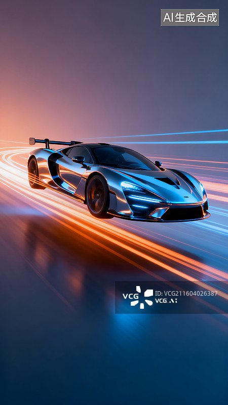 【AI数字艺术】银色超跑疾驰光影赛道图片素材