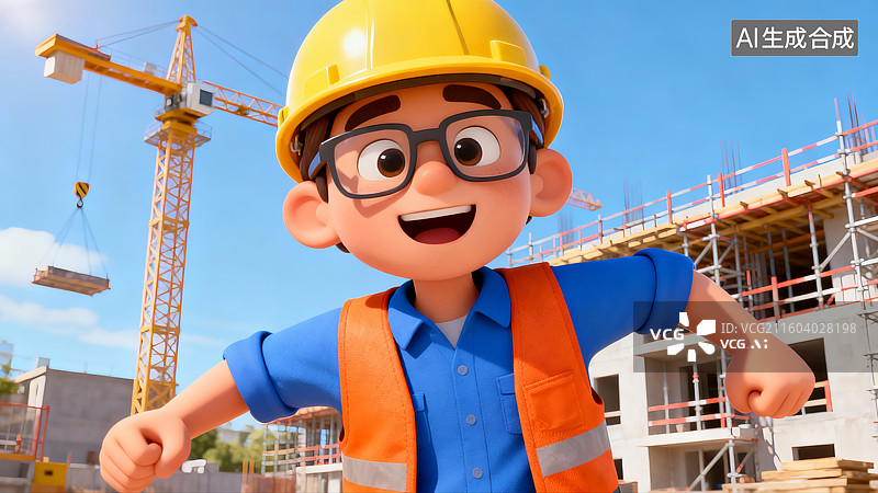 【AI数字艺术】3D卡通带安全的工人在快乐的工地上图片素材