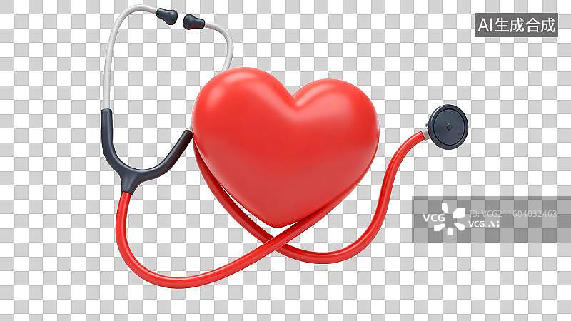 【AI数字艺术】听诊器间的红色爱心形状，医疗保健，心脏心电图图片素材