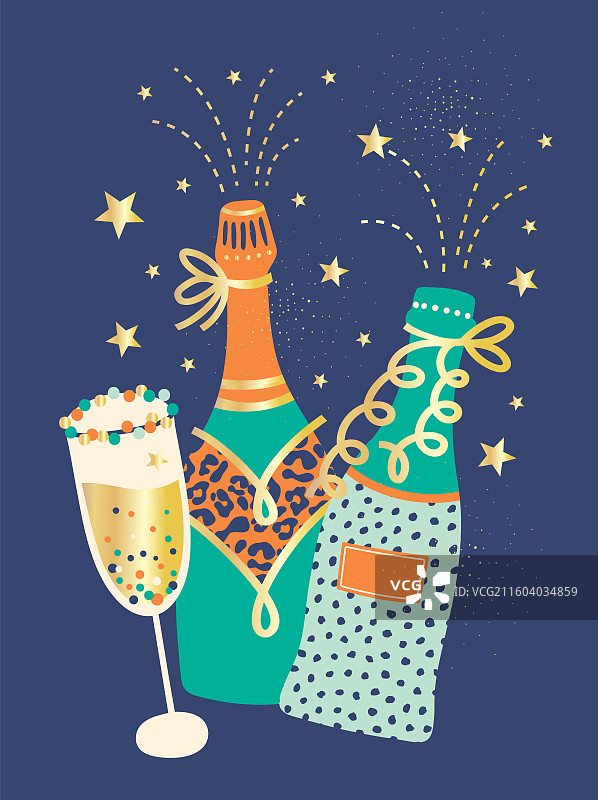 香槟酒瓶与金色星星庆祝插画图片素材