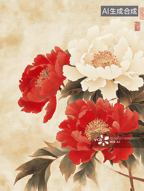 【AI数字艺术】红白牡丹花卉图图片素材