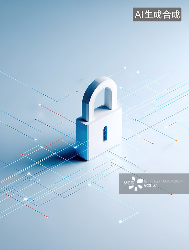 【AI数字艺术】白色背景下的数字化安全锁科技风插画图片素材