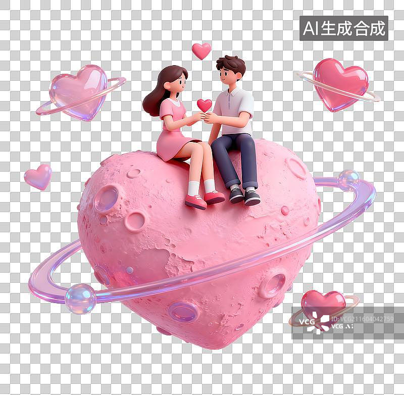 【AI数字艺术】3D渲染爱心星球星际间的爱恋漫游情人节情侣互动主题插画设计免抠元素图片素材