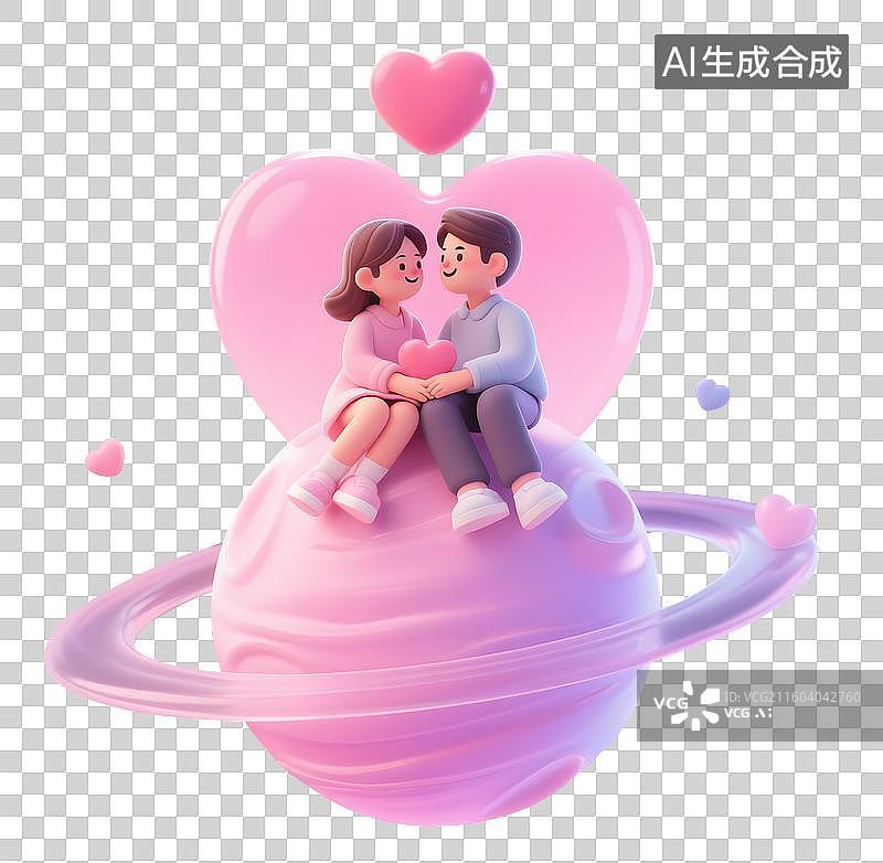 【AI数字艺术】3D渲染爱心星球星际间的爱恋漫游情人节情侣互动主题插画设计免抠元素图片素材