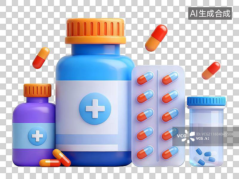 【AI数字艺术】3D药物胶囊药瓶，药瓶，胶囊，药丸，健康保健，感冒图片素材