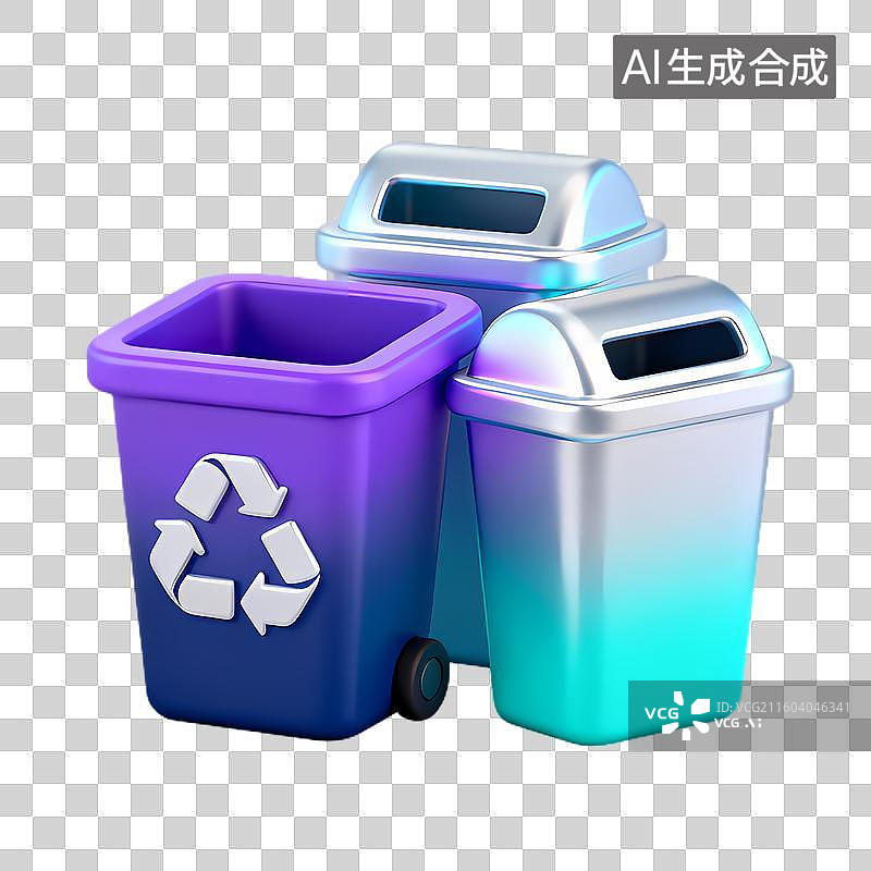【AI数字艺术】三个彩色垃圾分类垃圾桶图片素材