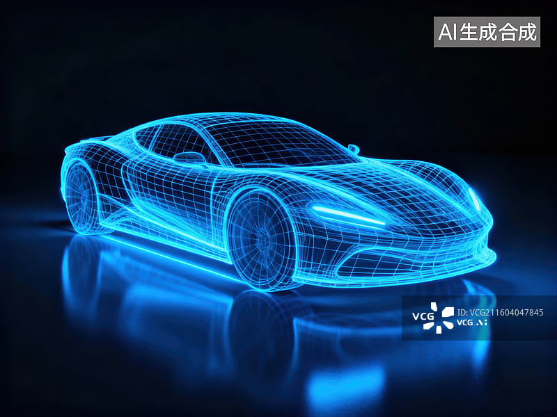 【AI数字艺术】蓝色线框跑车三维模型图片素材