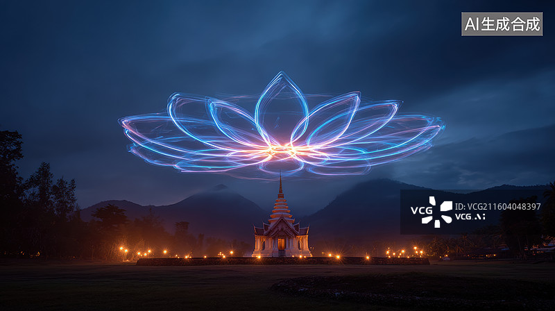 【AI数字艺术】夜空中的光绘莲花与教堂图片素材