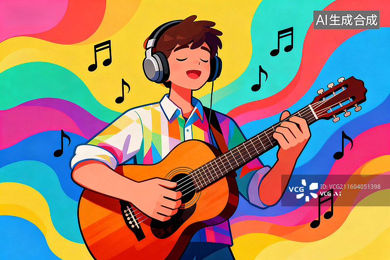 【AI数字艺术】多彩背景下戴着耳机弹吉他的少年图片素材