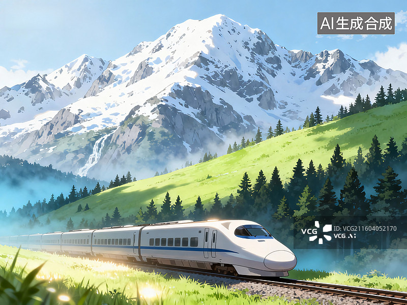 【AI数字艺术】高铁穿越雪山草原图片素材
