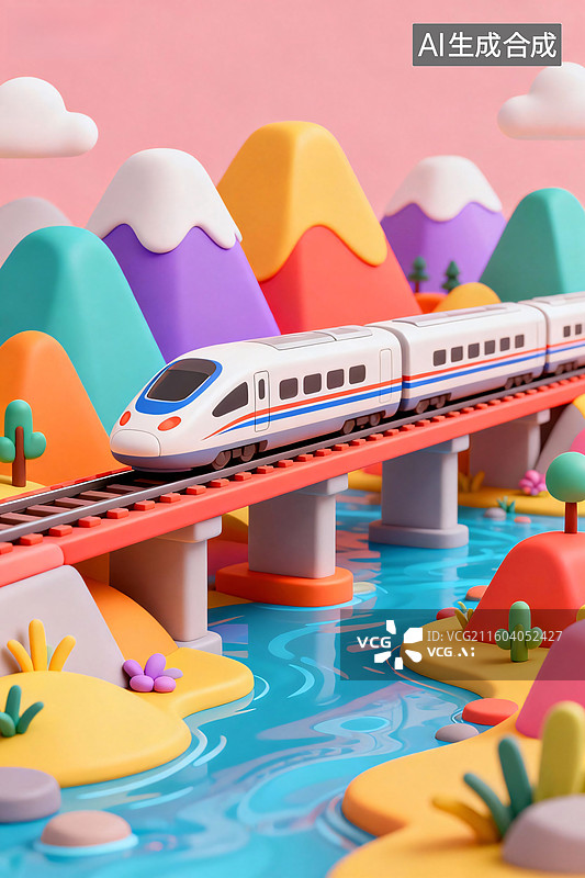 【AI数字艺术】3d卡通高铁穿越彩色山谷图片素材