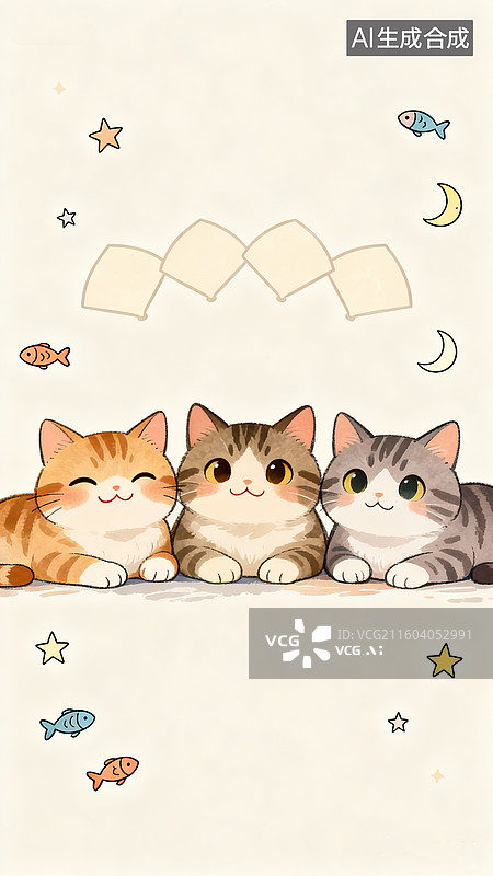 【AI数字艺术】插画风，温柔色系背景，三只睁开眼睛的笑脸猫咪，趴着一起，四周分散小元素点缀小鱼小星星小月亮之类图片素材