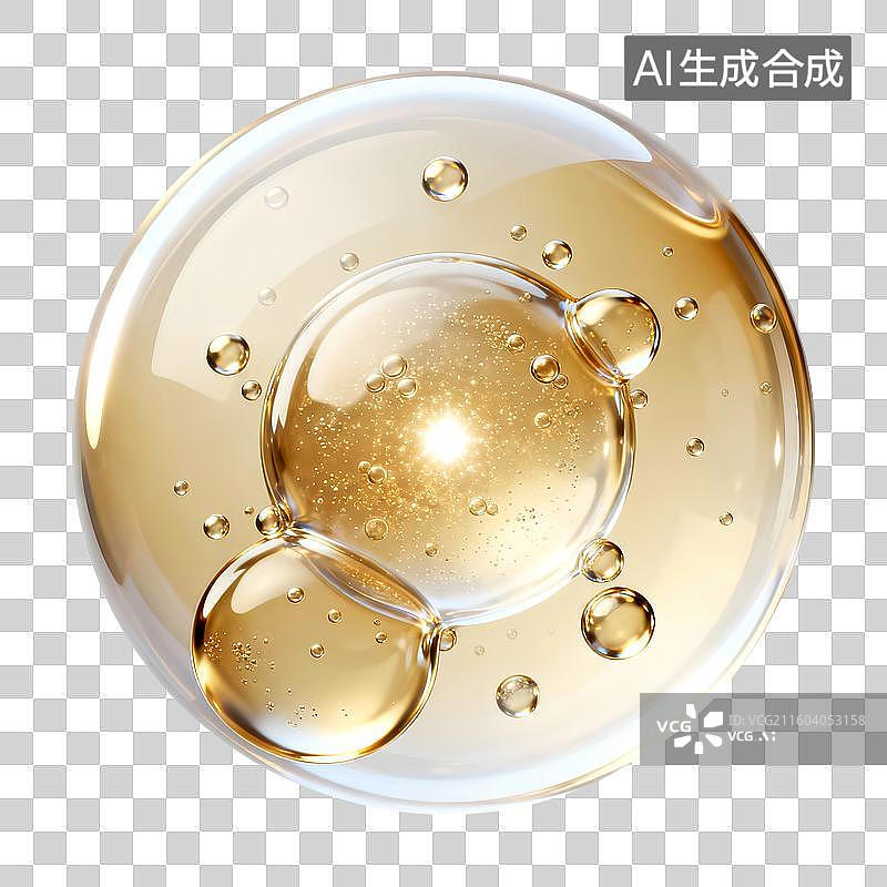 【AI数字艺术】3D渲染金色分子与透明气泡图片素材