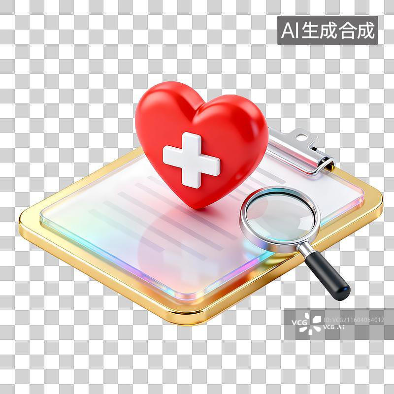 【AI数字艺术】3D体检报告和红色心型，健康保健，心形，医院，处方，身体检查图片素材