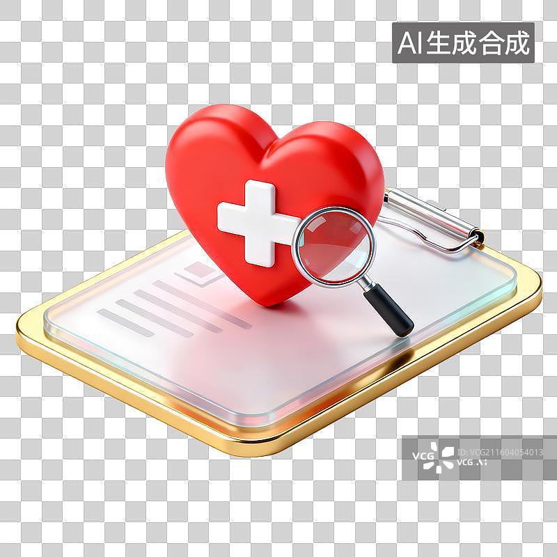 【AI数字艺术】3D体检报告和红色心型，健康保健，心形，医院，处方，身体检查图片素材