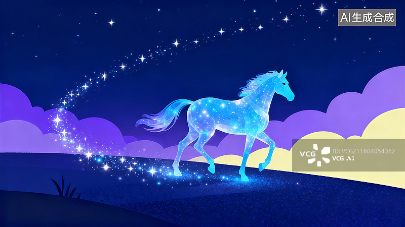 【AI数字艺术】散发着微光的蓝色神马 马年插画图片素材