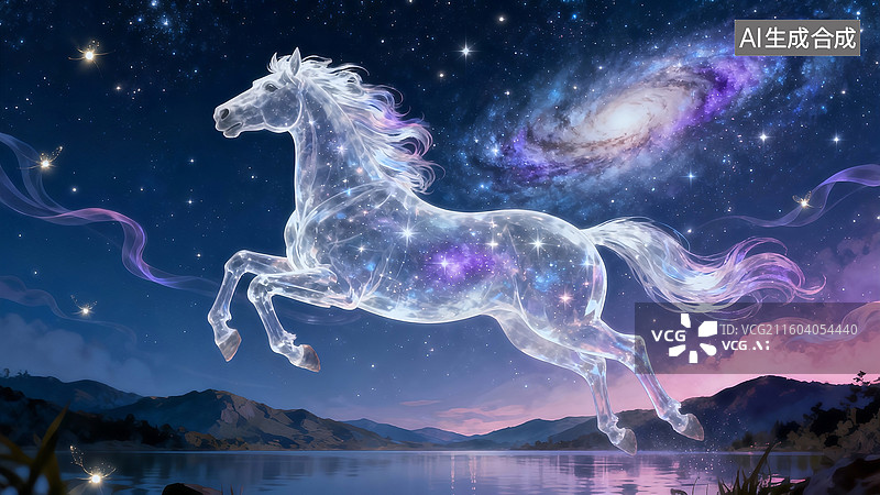 【AI数字艺术】湖面上空奔跑的马 马年插画图片素材