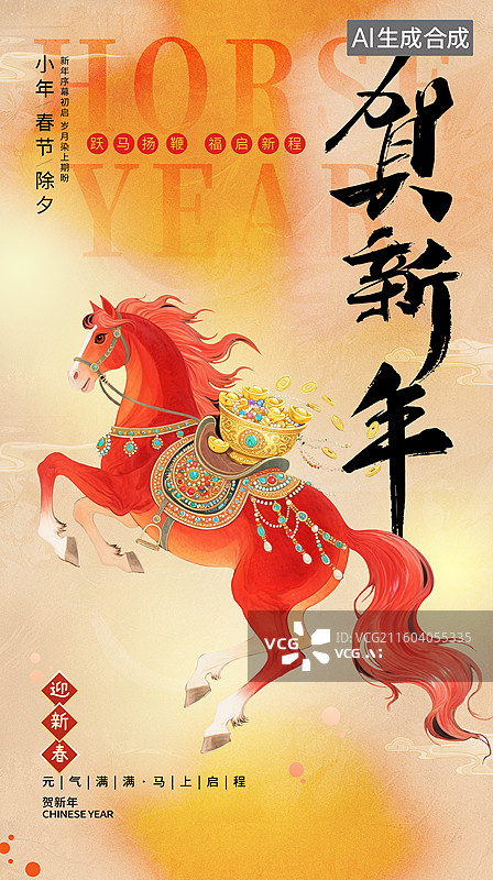 【AI数字艺术】2026马年中国新年祝福贺卡年画海报 年俗插画 红色的马背福袋新年发大财 背着百宝箱的骏马 竖版图片素材