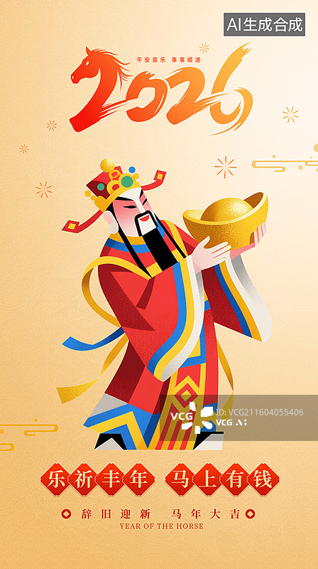 【AI数字艺术】国潮风贺新春插画海报模版，正月迎财神海报模版，财神拿着元宝人物形象，中国传统节日门神年画 竖版图片素材