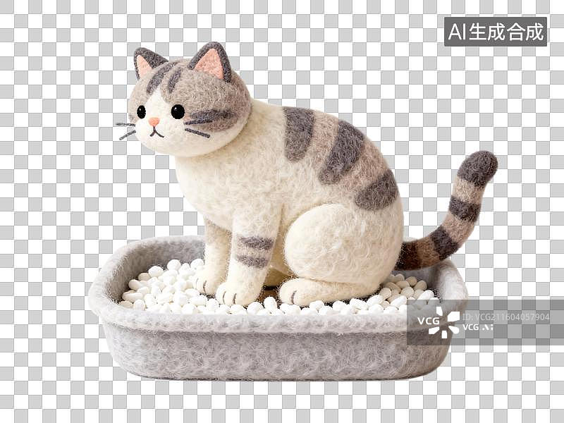 【AI数字艺术】一只猫在猫砂盆上厕所毛毡风格免抠元素图片素材
