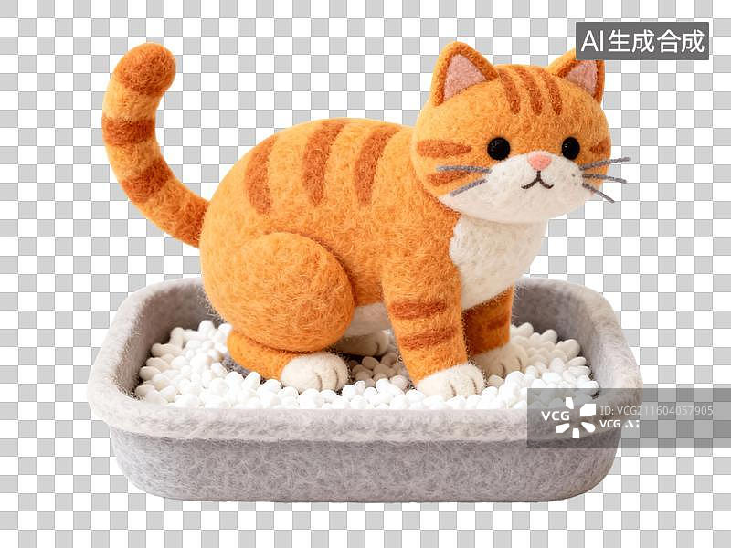 【AI数字艺术】一只猫在猫砂盆上厕所毛毡风格免抠元素图片素材