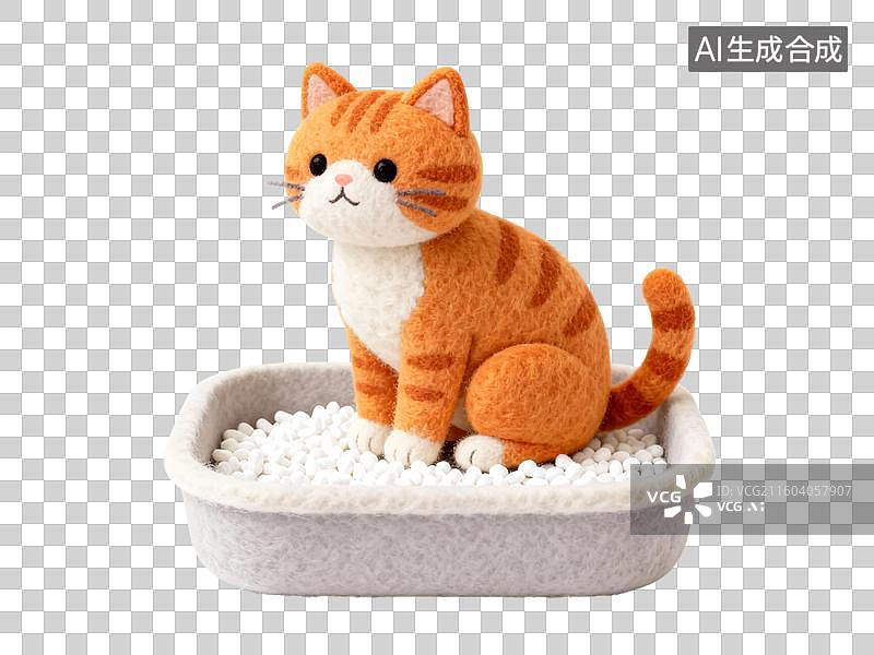 【AI数字艺术】一只猫在猫砂盆上厕所毛毡风格免抠元素图片素材