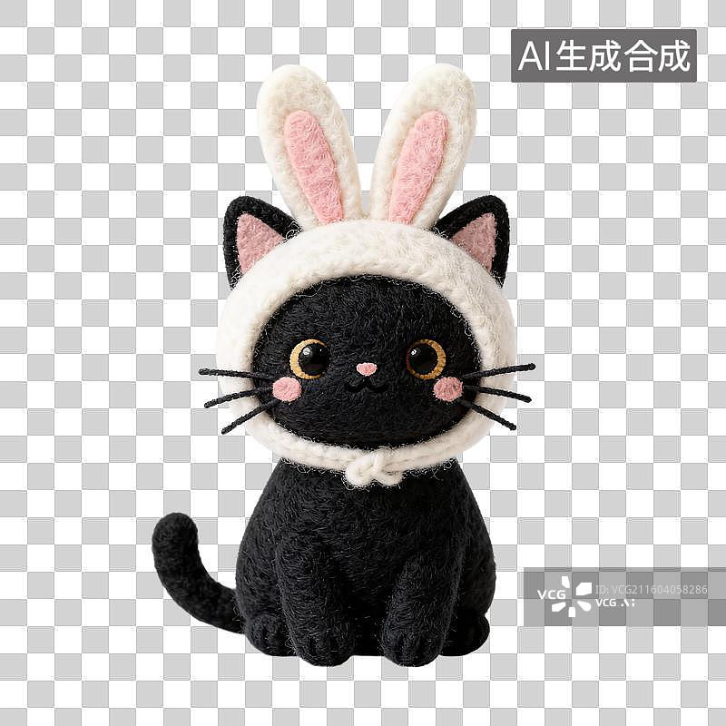 【AI数字艺术】戴兔子帽子的黑猫毛毡风格免抠元素图片素材