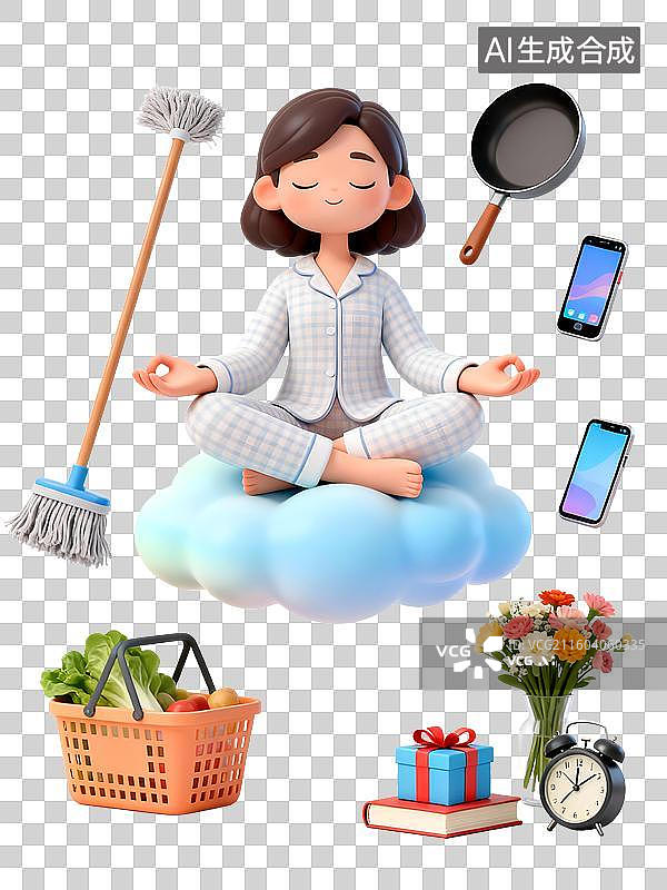 【AI数字艺术】3D卡通人物忙碌的妈妈在云彩上静心瑜伽，周围环绕着生活用品图片素材