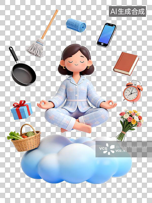【AI数字艺术】3D卡通人物忙碌的妈妈在云彩上静心瑜伽，周围环绕着生活用品图片素材