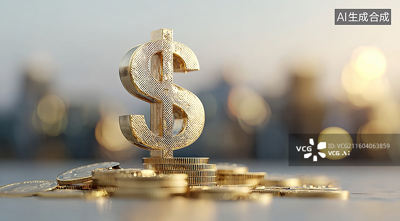 【AI数字艺术】金色美元符号与硬币堆叠图片素材