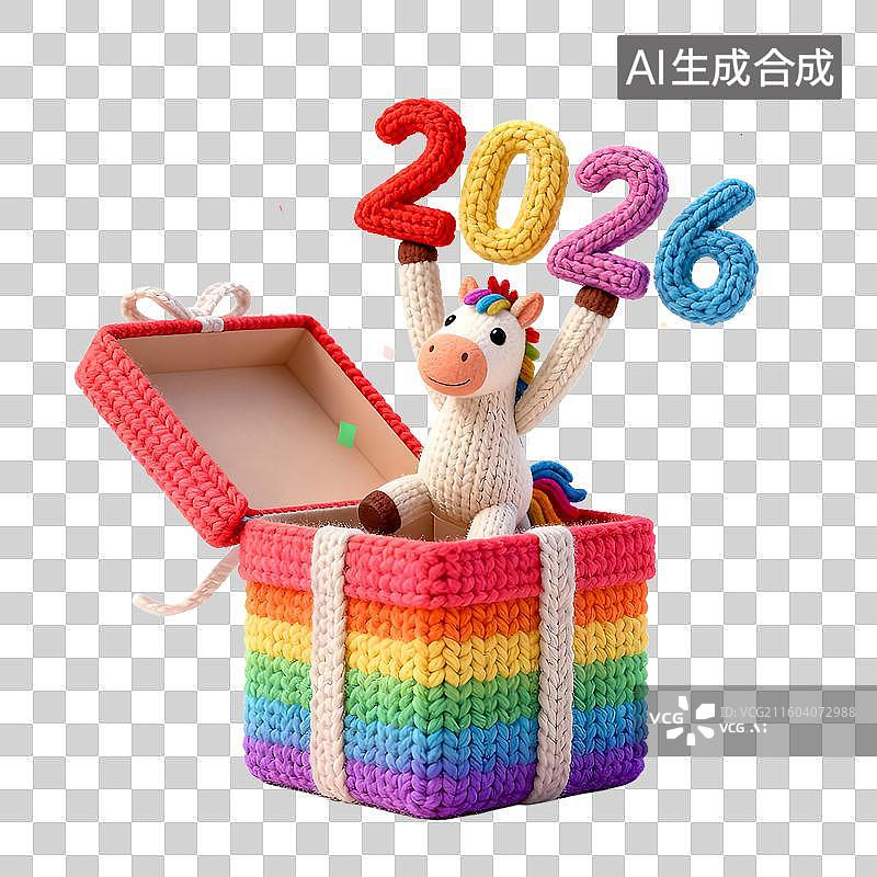 【AI数字艺术】打开3D彩虹色礼品盒，惊喜飞出纸屑和可爱小马举着2026数字，马年大吉祝贺元素图片素材