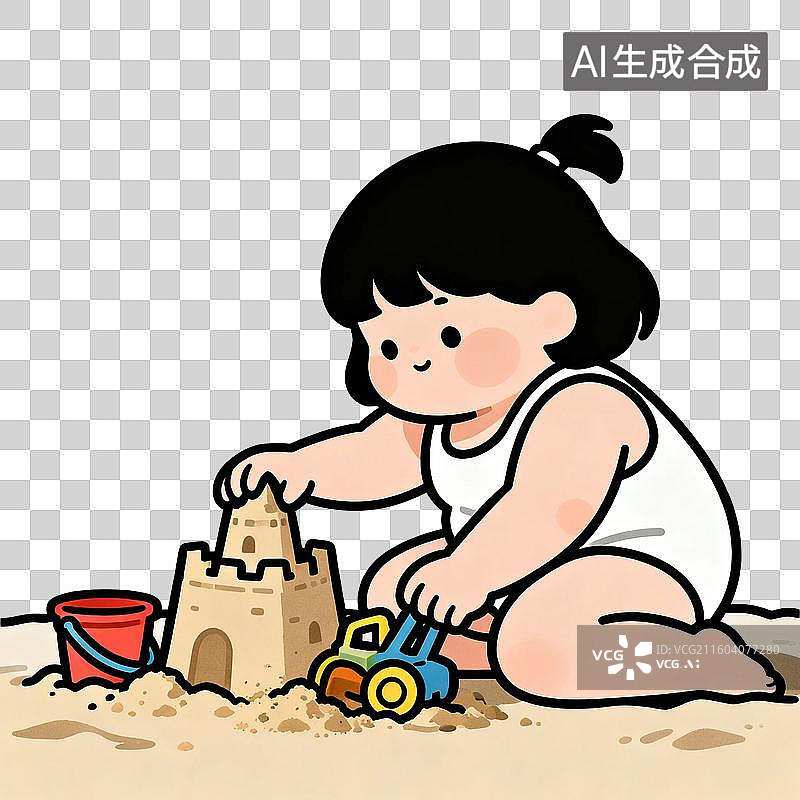 【AI数字艺术】小女孩沙滩玩沙建沙堡图片素材