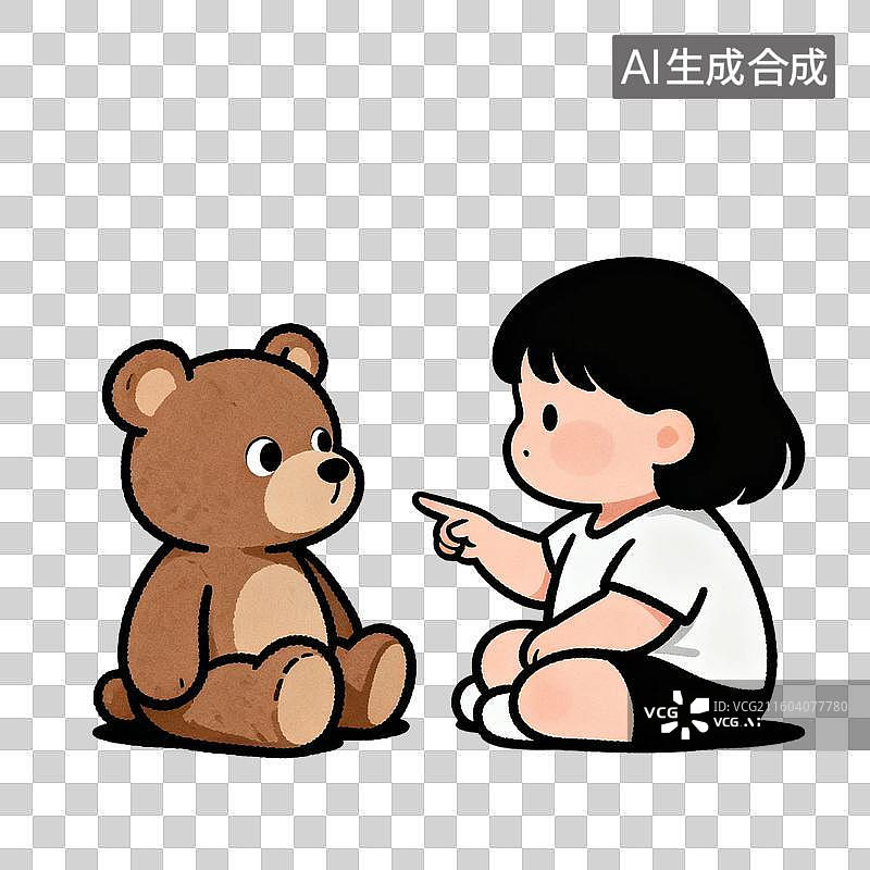 【AI数字艺术】小女孩与毛绒熊坐地交谈图片素材