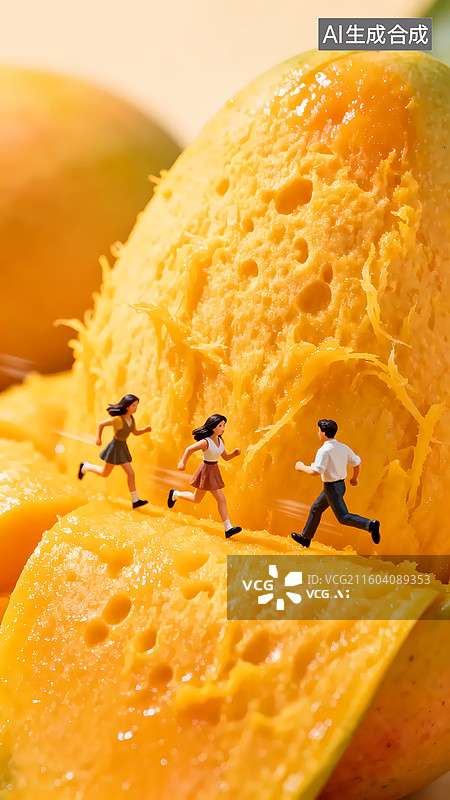 【AI数字艺术】三个人在芒果皮上奔跑果肉移轴摄影三维图图片素材