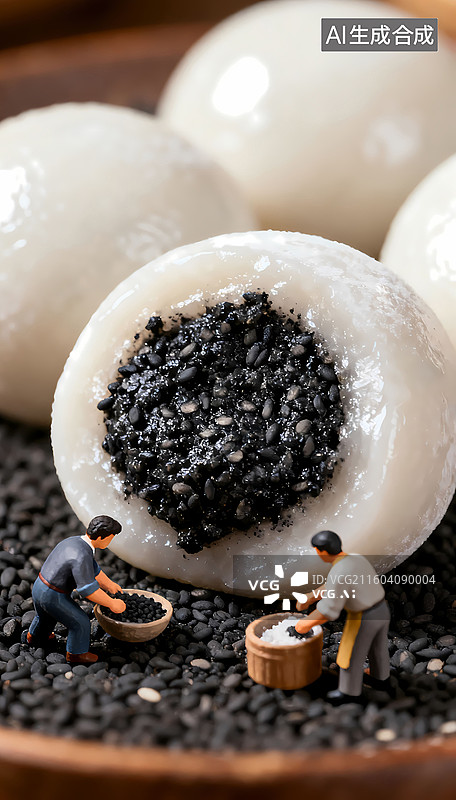 【AI数字艺术】两个人在制作黑芝麻馅汤圆传统美食移轴摄影三维图图片素材