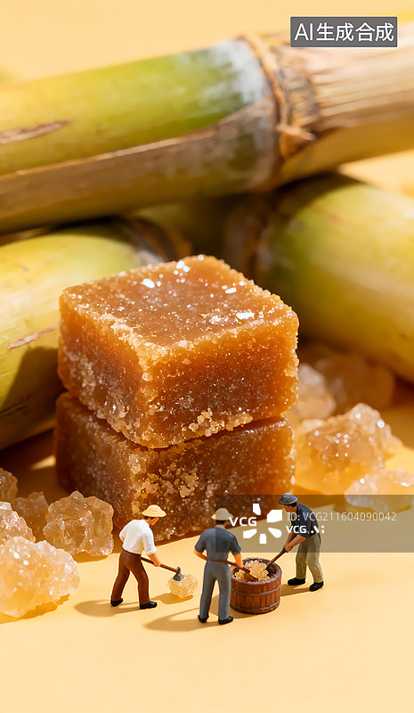 【AI数字艺术】三位工人在做冰糖红糖甘蔗移轴摄影三维图图片素材