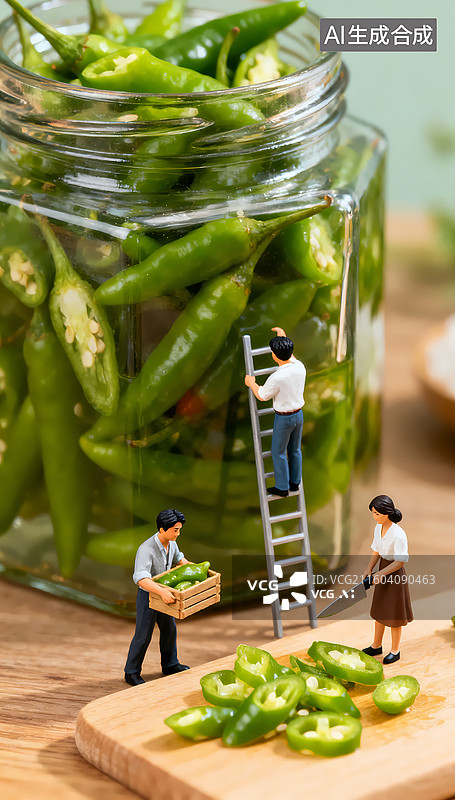 【AI数字艺术】两个人在搬运辣椒一人上梯子查看玻璃罐中的泡椒移轴摄影图图片素材