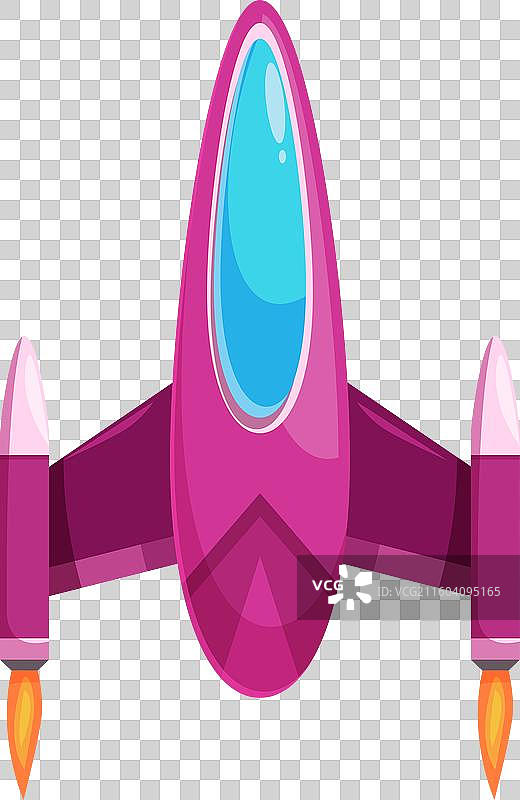 粉红色的太空飞船，引擎燃烧着在太空中飞行图片素材