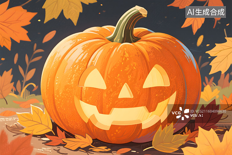 【AI数字艺术】秋日南瓜灯与落叶图片素材