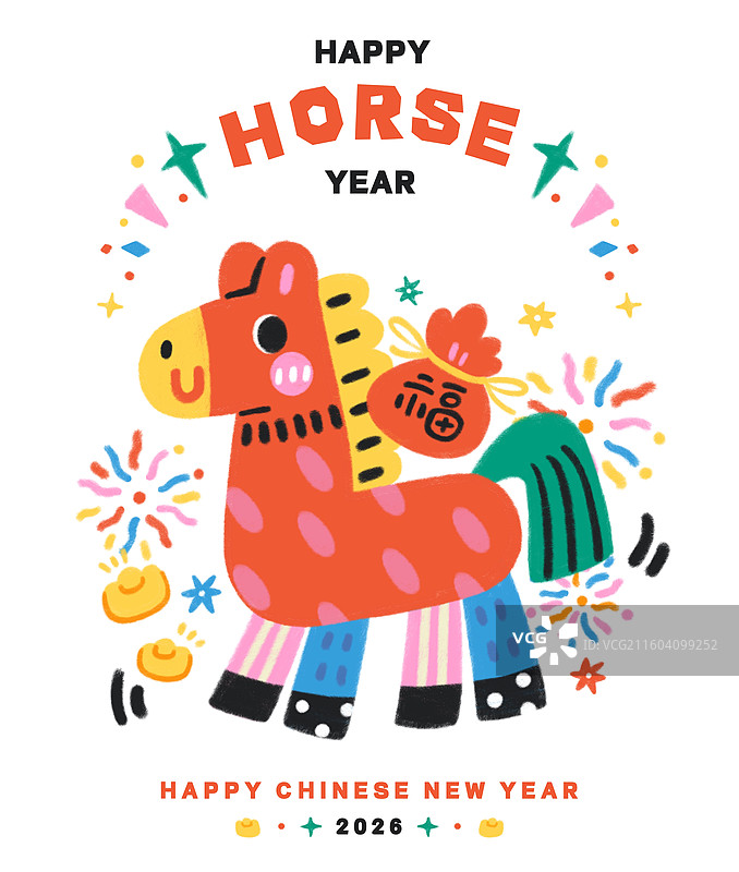 2026年马年新年春节手绘涂鸦可爱生肖小马海报图片素材