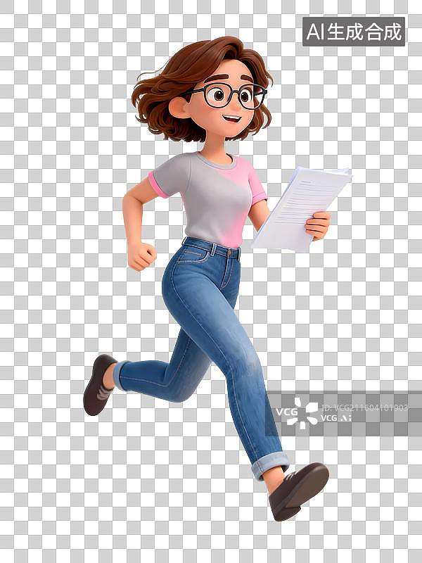 【AI数字艺术】粉色拼接上衣牛仔裤女孩拿着文件奔跑3D卡通立体活力职场新人大学校园招聘青年人物图片素材