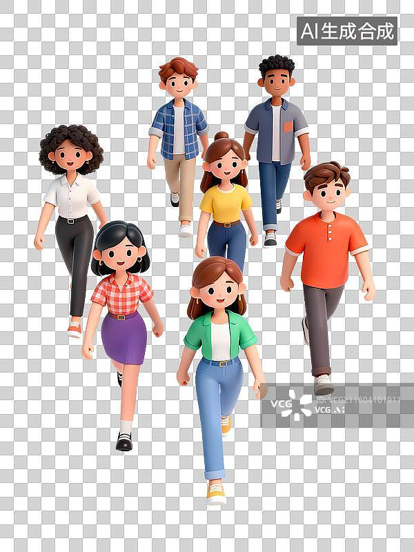 【AI数字艺术】青春活力多人人群排列多视角3D卡通立体活力职场新人大学校园招聘青年人物图片素材