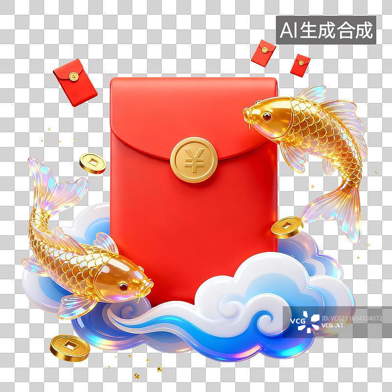 【AI数字艺术】3D国潮风锦鲤红包促销元素图片素材