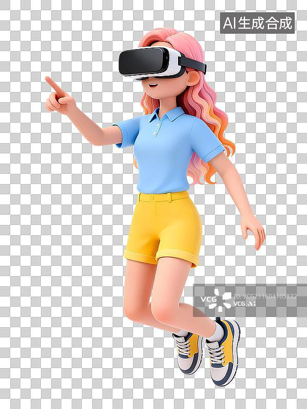 【AI数字艺术】粉色长发蓝色上衣黄色短裤女孩带着VR眼镜点击3D卡通立体活力职场新人大学校园招聘青年人物图片素材