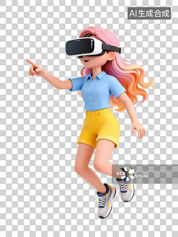 【AI数字艺术】粉色长发蓝色上衣黄色短裤女孩带着VR眼镜点击3D卡通立体活力职场新人大学校园招聘青年人物图片素材