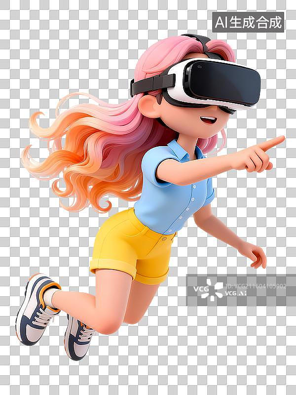 【AI数字艺术】粉色长发蓝色上衣黄色短裤女孩带着VR眼镜点击3D卡通立体活力职场新人大学校园招聘青年人物图片素材