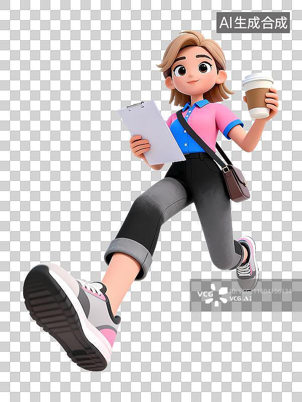 【AI数字艺术】棕色头发粉蓝色短袖女孩拿着咖啡文件大步走3D卡通立体活力职场新人大学校园招聘青年人物图片素材