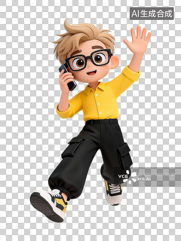 【AI数字艺术】黄色倡议黑裤子戴眼镜男孩打电话挥手3D卡通立体活力职场新人大学校园招聘青年人物图片素材