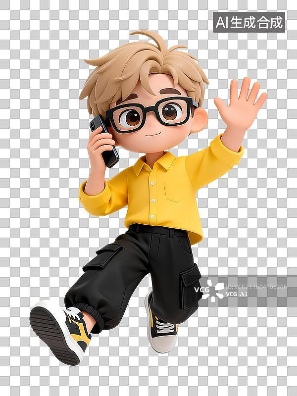【AI数字艺术】黄色倡议黑裤子戴眼镜男孩打电话挥手3D卡通立体活力职场新人大学校园招聘青年人物图片素材